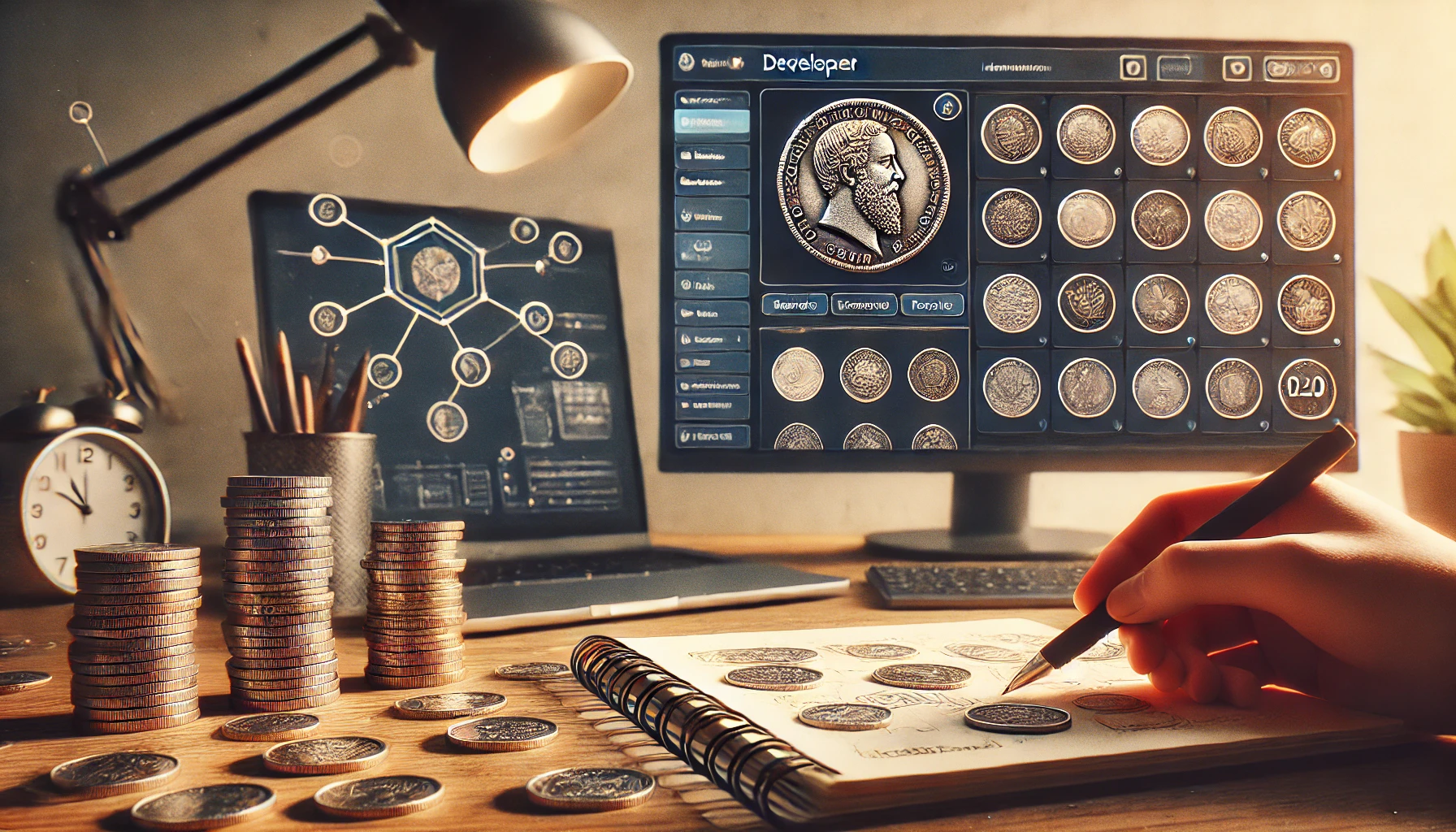 a developer working on a web platform for coin identification. The screen shows a detailed UI with coin images, a search bar, and identification results. Nearby, a notebook with sketches and notes is open, and there are coins spread out on the desk as reference.