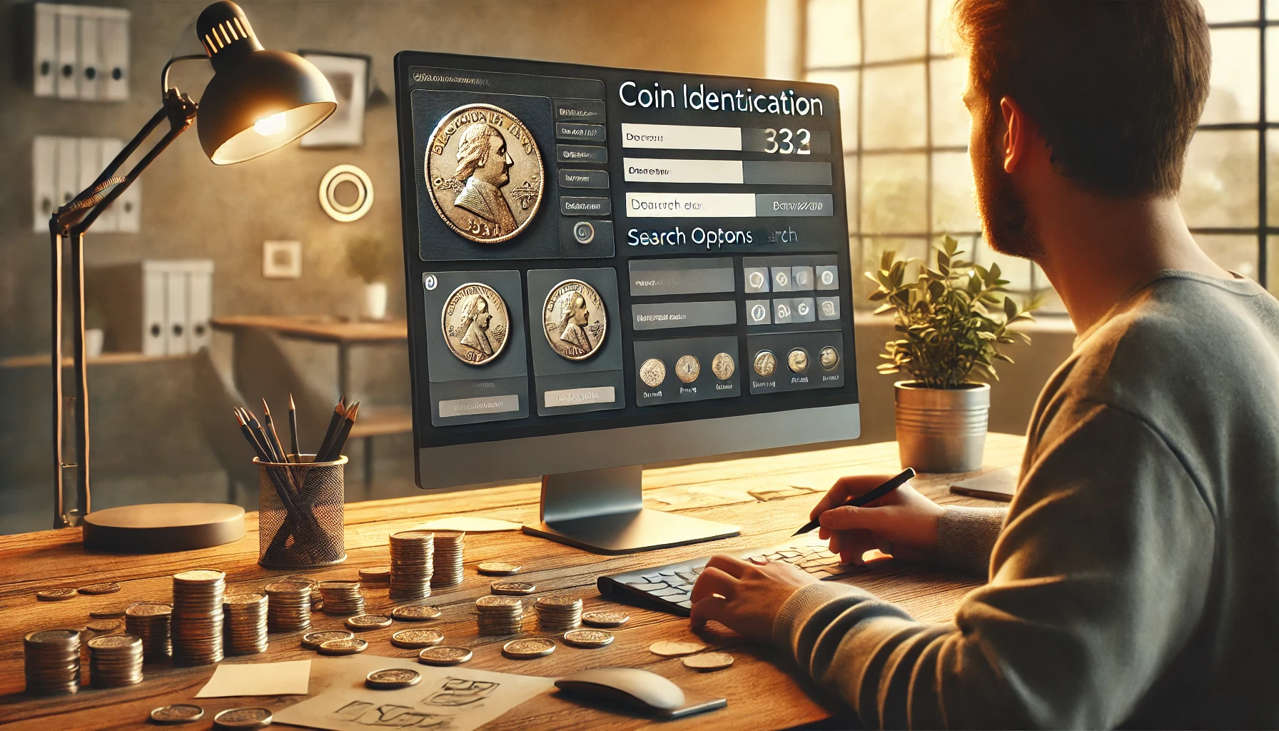 a developer working on a foreign coin identification web platform, focused on the interface design without any text or words on the screen. The workspace includes coins scattered on the desk, notes, and design sketches.