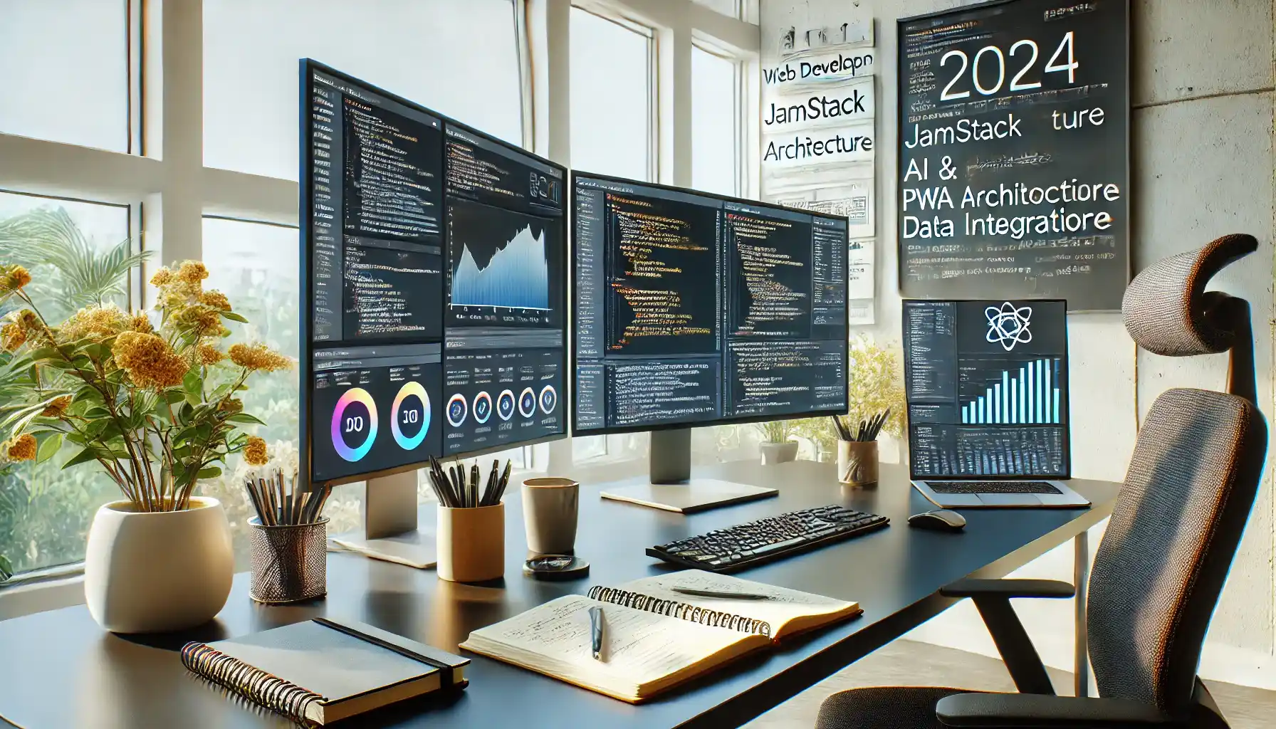 a modern web development workspace highlighting the latest web development trends for 2024