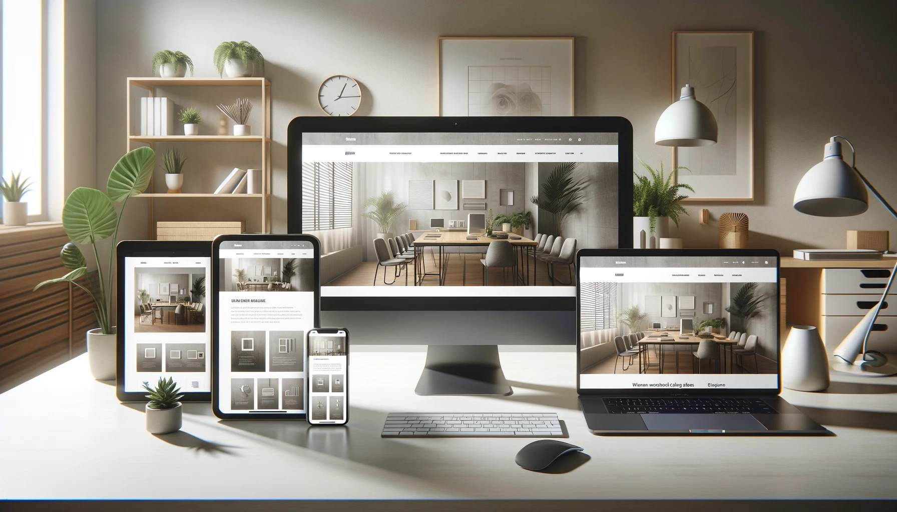 of a modern website displayed on multiple devices, including a desktop computer, laptop, tablet, and smartphone.