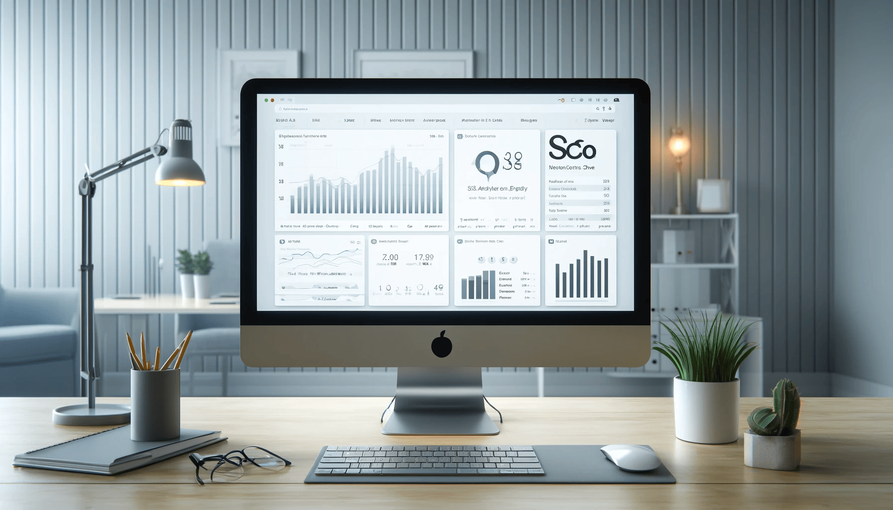 a computer screen showing an SEO dashboard with various analytics and performance charts.