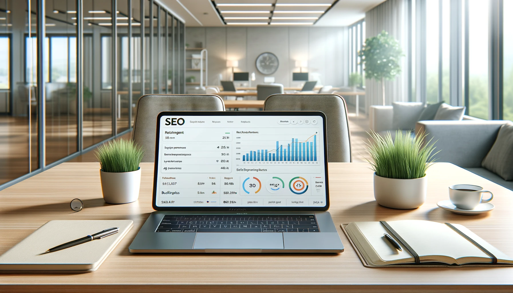 a modern office desk with a laptop displaying an SEO analytics dashboard.