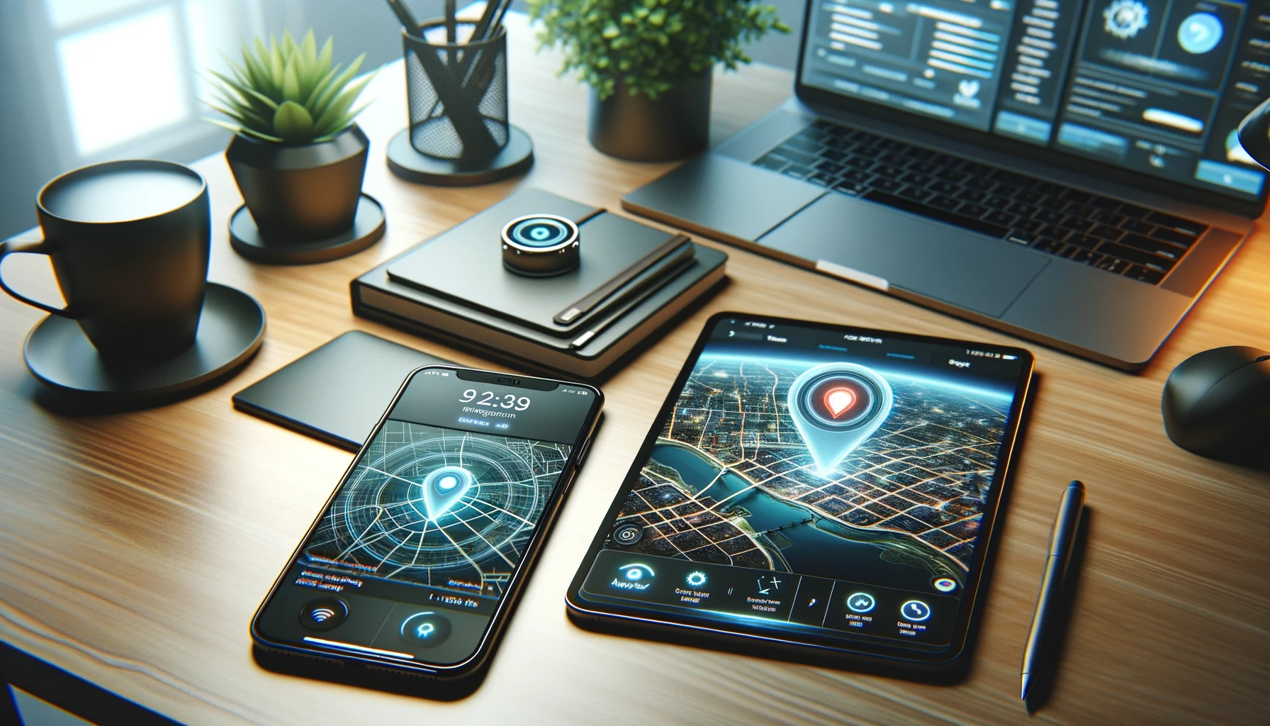 a smartphone and a tablet on a desk, each showing a location tracking app interface with maps and live location information.