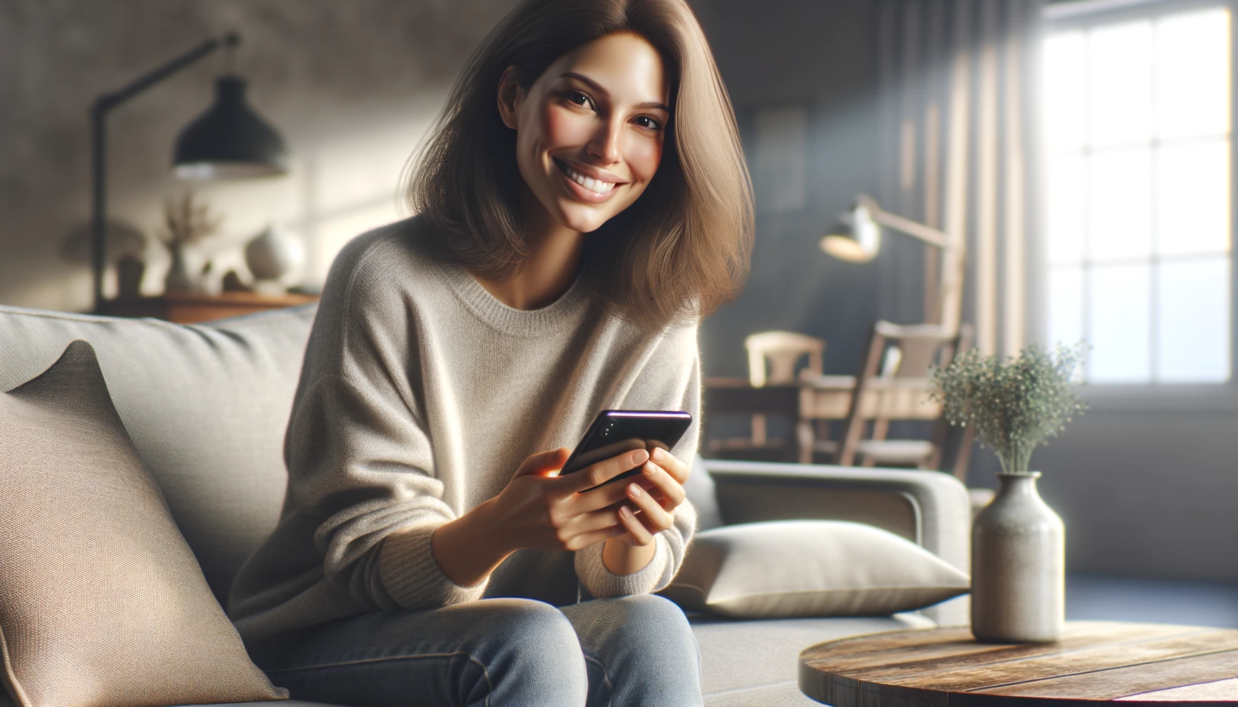 a smiling woman with brown hair uses her phone while sitting on a sofa.