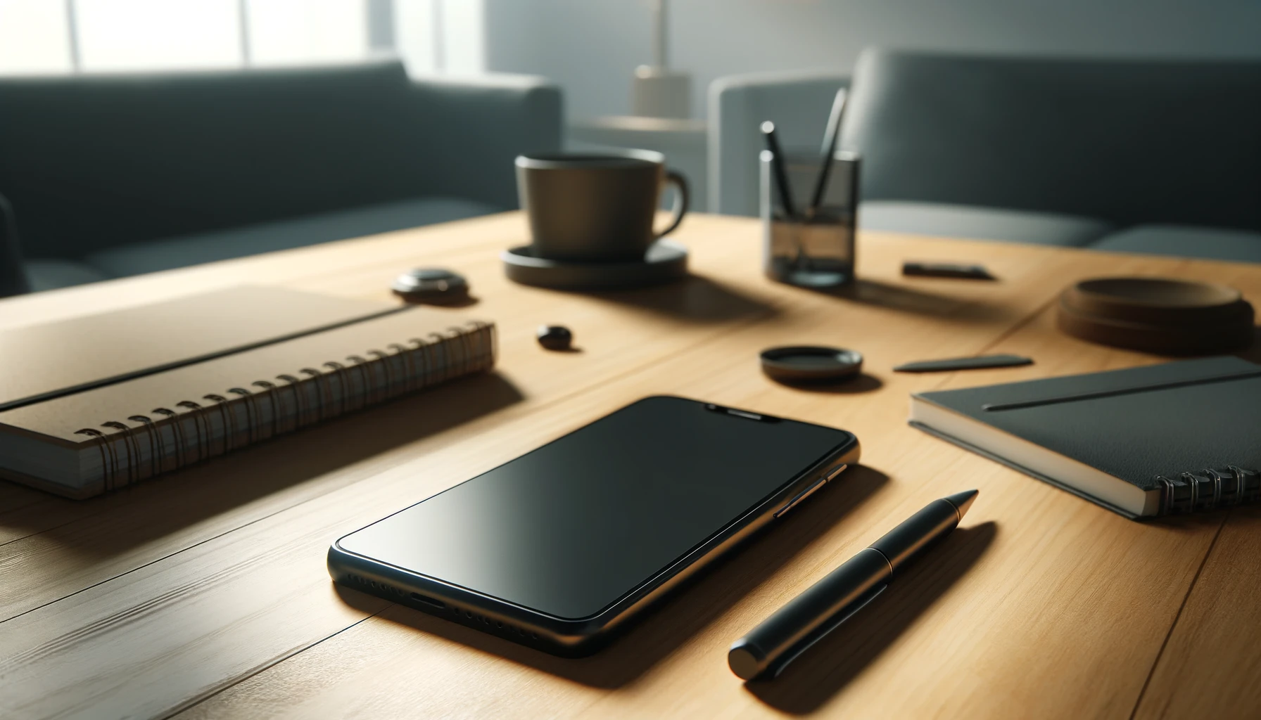 A modern black smartphone lies on a table next to notebooks, a cup and pens.
