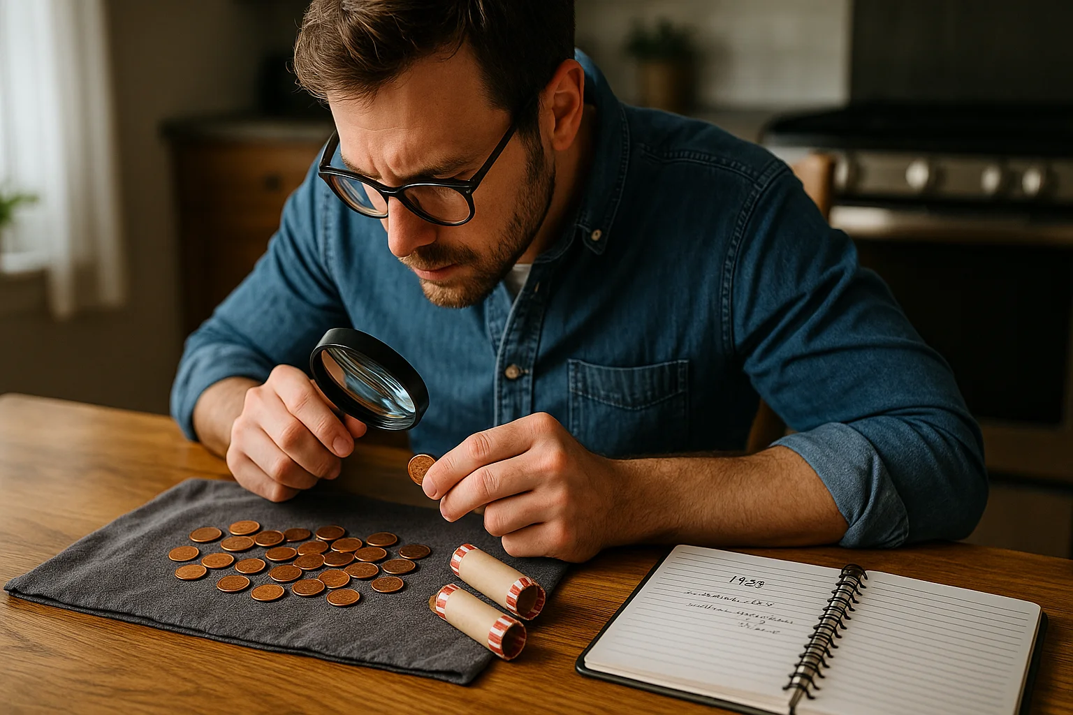 A man carefully examines several 1982 pennies under a magnifying glass at his kitchen table, noting details in his collector’s notebook.