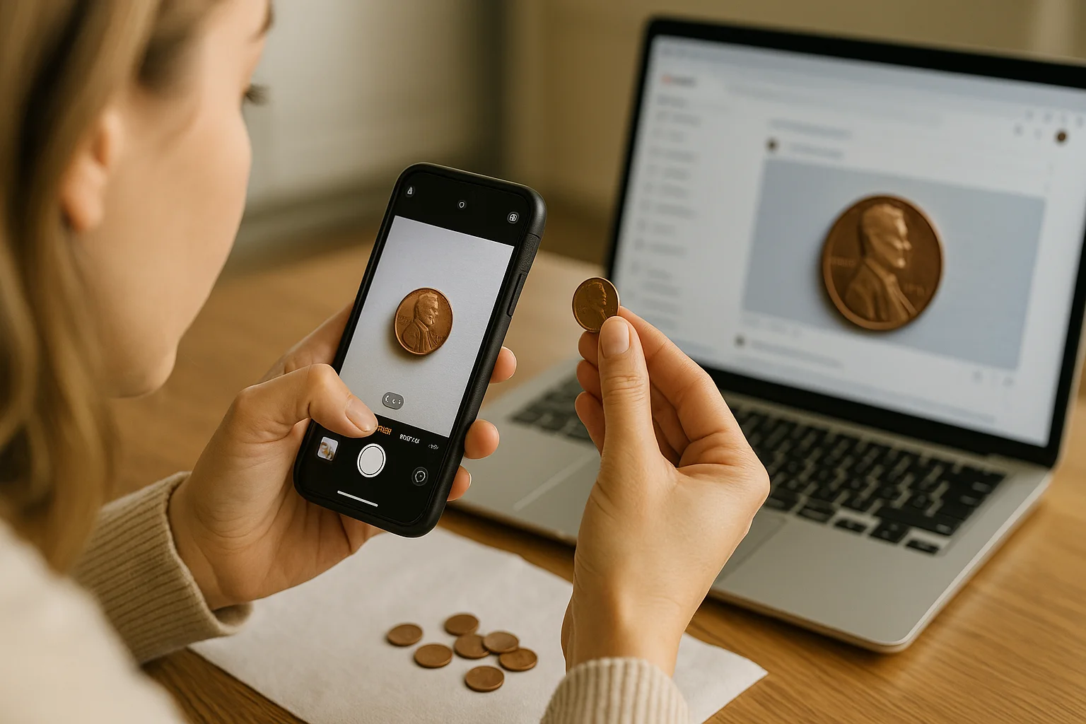 A woman photographs a 1982 penny with her smartphone while comparing it on a numismatic forum.